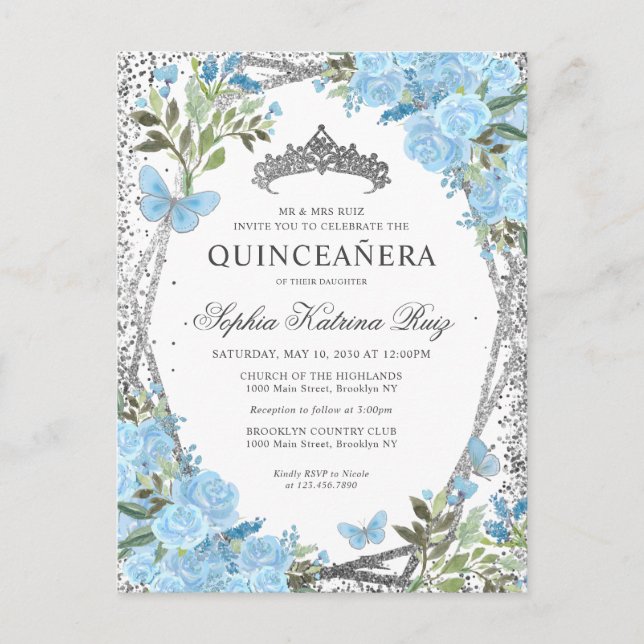 Modern Floral Dusty Blue Silver Tiara Quinceañera Postcard (Front)