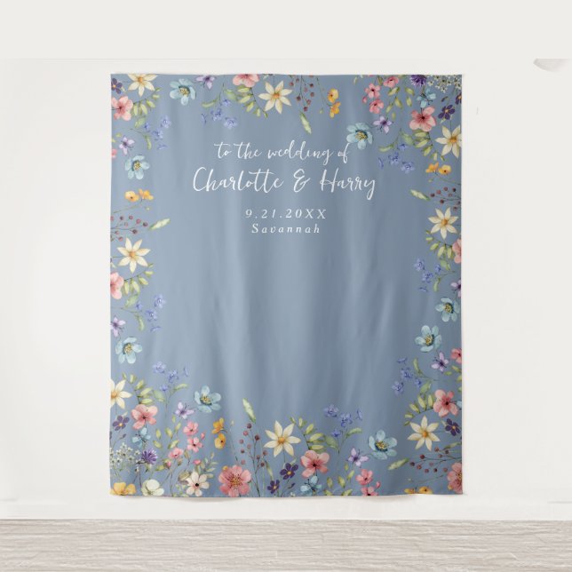 Modern Floral Dusty Blue Wedding Photo  Backdrop Tapestry (Front)