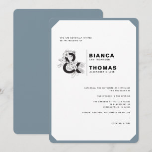Modern Floral Dusty Blue & White Wedding Invitation