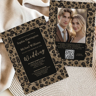 Modern Floral Elegant Black Wedding Invite QR Code