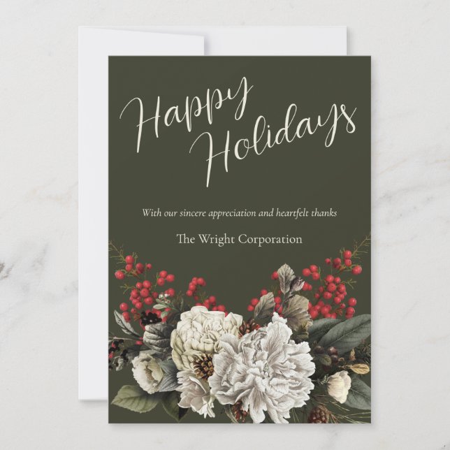 Modern Floral Elegant Company Name Holiday Card (Front)
