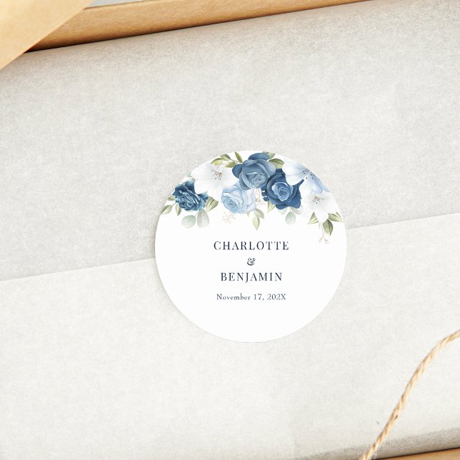 Modern Floral Elegant Dusty Blue Wedding Classic Round Sticker (Elegant Dusty Blue Floral Wedding Favors Classic Round Stickers)
