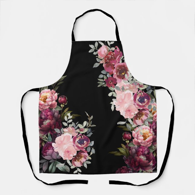 Modern Floral Elegant Peonies on Black  Apron (Front)