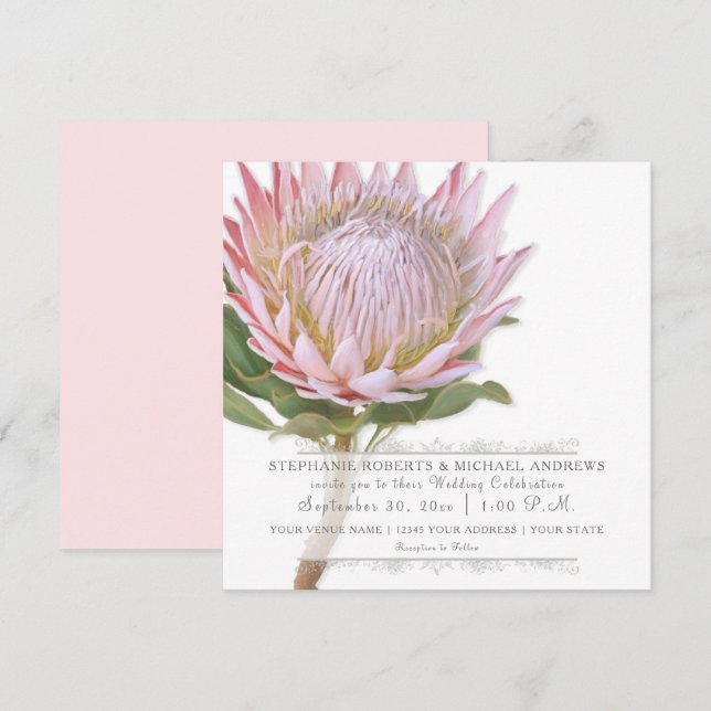 Modern Floral Elegant Simple Pink Protea Flower Invitation (Front/Back)