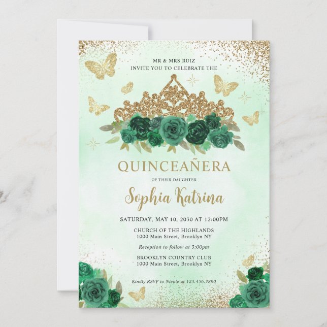 Modern Floral Emerald Green Gold Tiara Quinceañera Invitation (Front)
