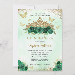 Modern Floral Emerald Green Gold Tiara Quinceañera Invitation