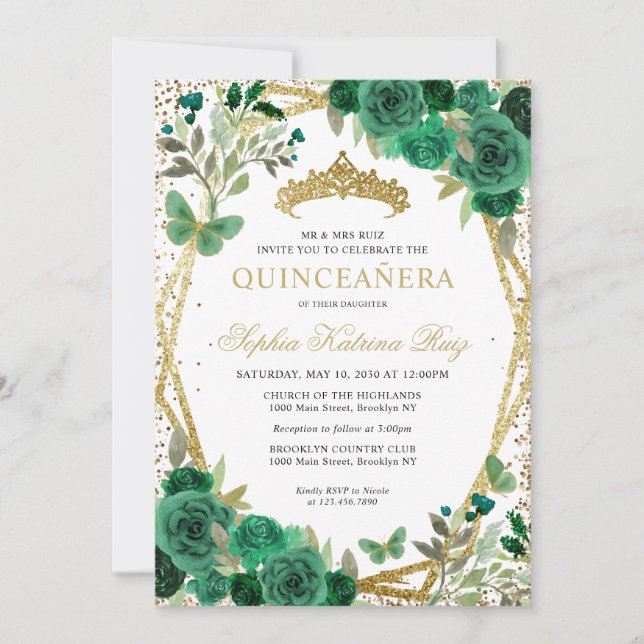 Modern Floral Emerald Green Gold Tiara Quinceañera Invitation (Front)