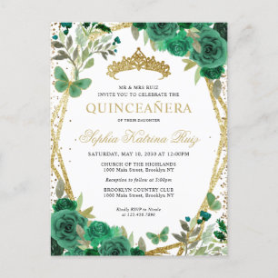 Modern Floral Emerald Green Gold Tiara Quinceañera Postcard