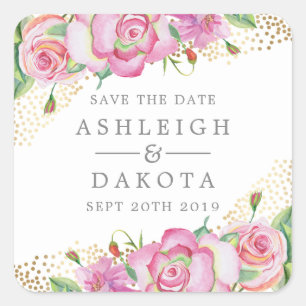 Modern Floral English Rose Gold Confetti Wedding Square Sticker