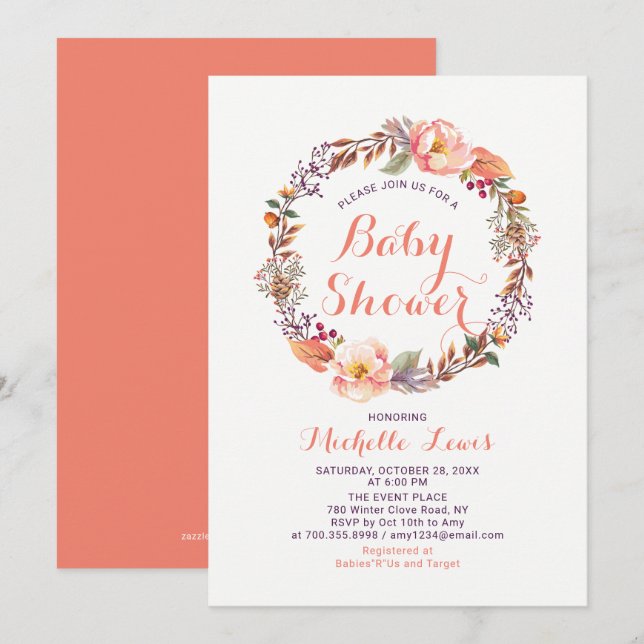 Modern Floral Fall Girl Baby Shower Invitation (Front/Back)