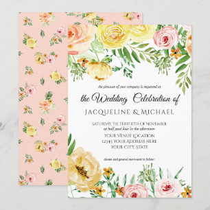 Modern Floral Fall w Blush Yellow Peach Rose Leaf Invitation