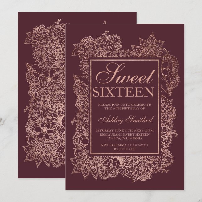 Modern floral faux rose gold burgundy Sweet 16 Invitation (Front/Back)