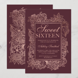 Modern floral faux rose gold burgundy Sweet 16 Invitation