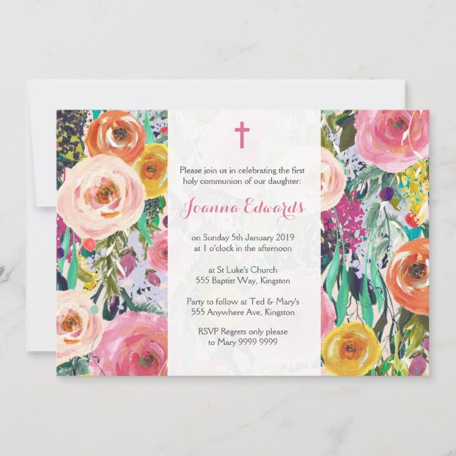 Modern Floral First Communion Personalised Invites (Front)
