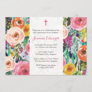 Modern Floral First Communion Personalised Invites