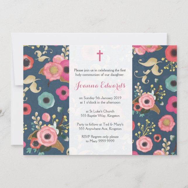 Modern Floral First Communion Personalised Invites (Front)