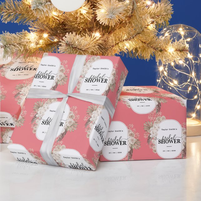 Modern Floral Frame Bridal Shower Pink Background Wrapping Paper (Holidays)