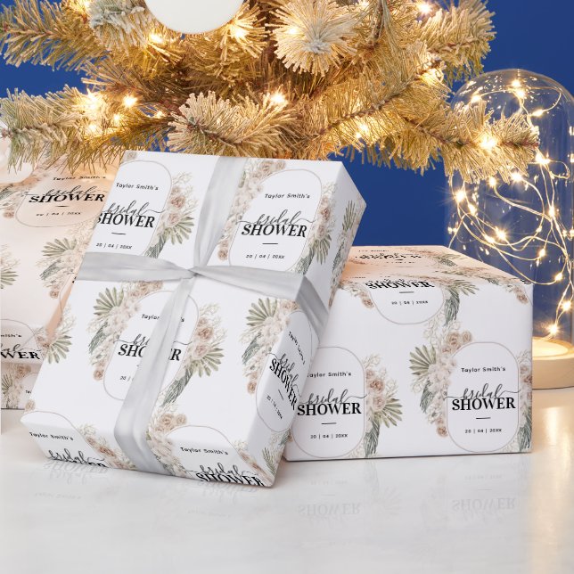 Modern Floral Frame Bridal Shower White Background Wrapping Paper (Holidays)