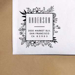 Modern Floral Frame Family Name Return Address Rubber Stamp