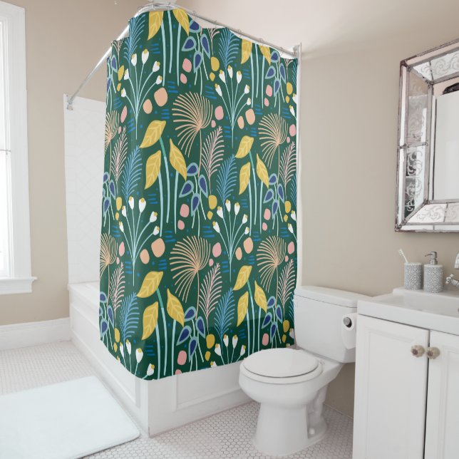 Modern Floral Garden Illustration Pattern in Green Shower Curtain (In Situ)