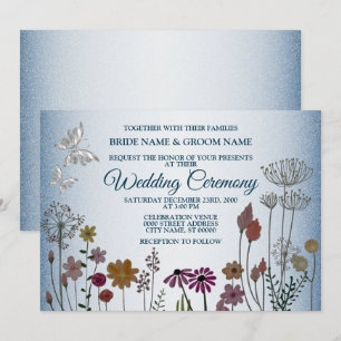 Modern Floral Garden Silver Butterfly Blue Wedding Invitation