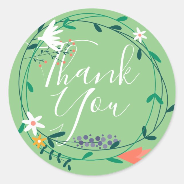 Modern Floral Garland Script Thank You Classic Round Sticker (Front)