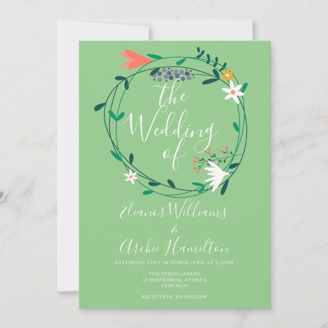 Modern Floral Garland Script Wedding Invitation (Front)