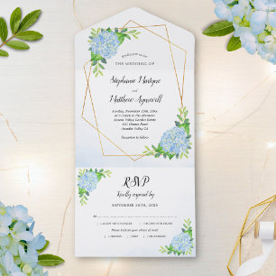 Modern Floral Geometric Blue Hydrangea Wedding All In One Invitation