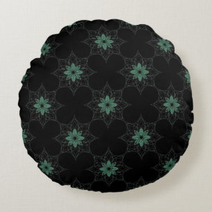 Modern Floral Geometric Pattern Teal and Black Round Cushion