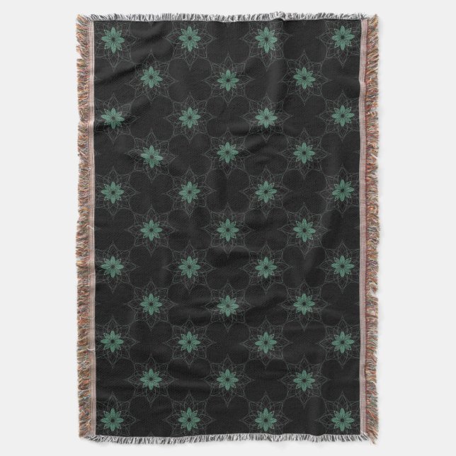 Modern Floral Geometric Pattern Teal and Black Throw Blanket (Front Vertical)
