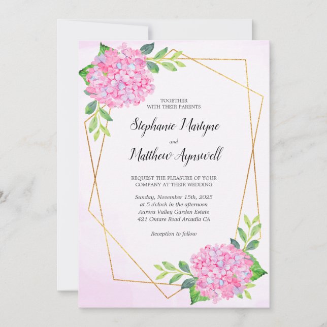 Modern Floral Geometric Pink Hydrangea Wedding Invitation (Front)