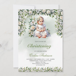 Modern floral girl Christening invitation