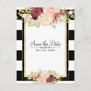 Modern Floral Glam Black White Save the Date Announcement Postcard