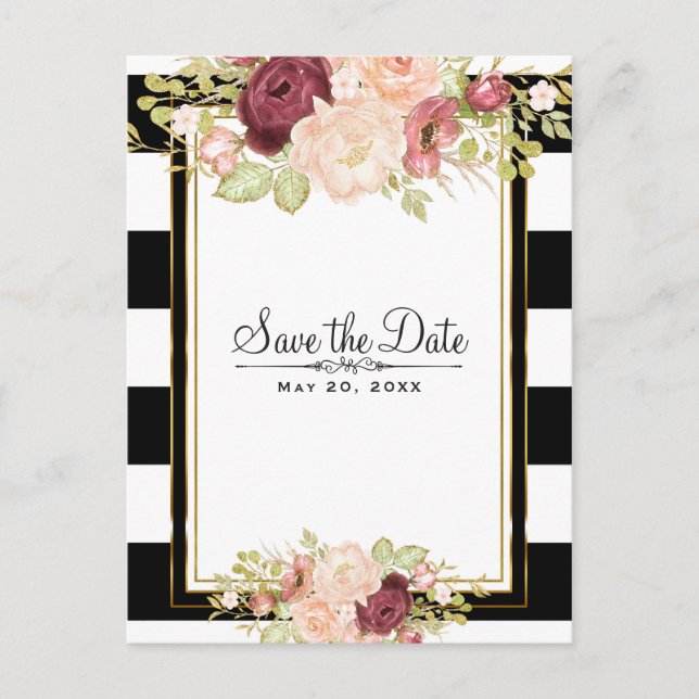 Modern Floral Glam Black White Save the Date Announcement Postcard (Front)