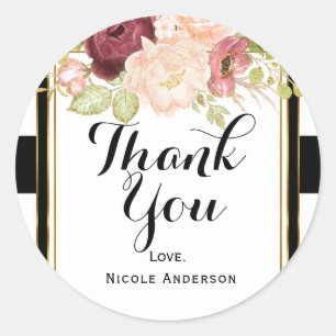 Modern Floral Glam Black White Stripe Chic Favour Classic Round Sticker