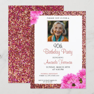 Modern Floral Glitter 90th Birthday Invitation