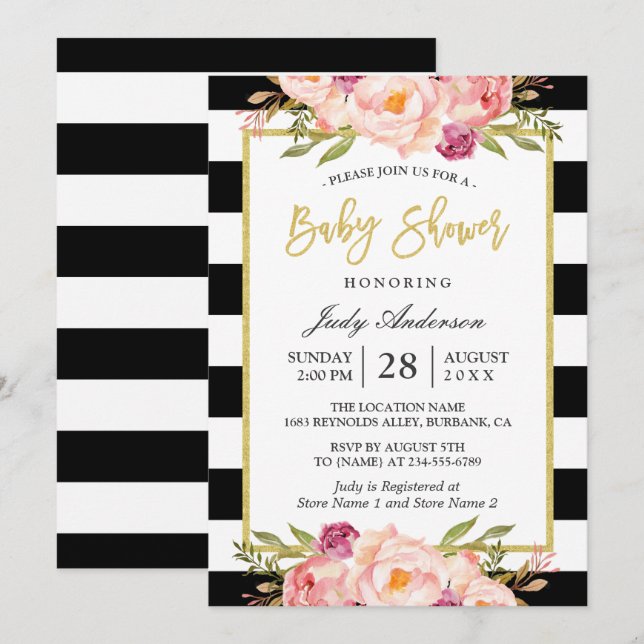 Modern Floral Gold Black White Stripes Baby Shower Invitation (Front/Back)
