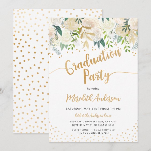 Modern Floral gold Confetti graduation party Invitation (Front/Back)