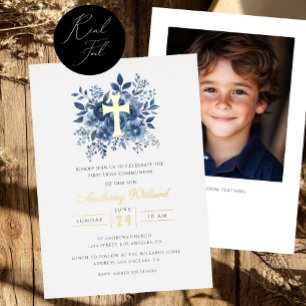 Modern Floral Gold Cross Boys First Communion 