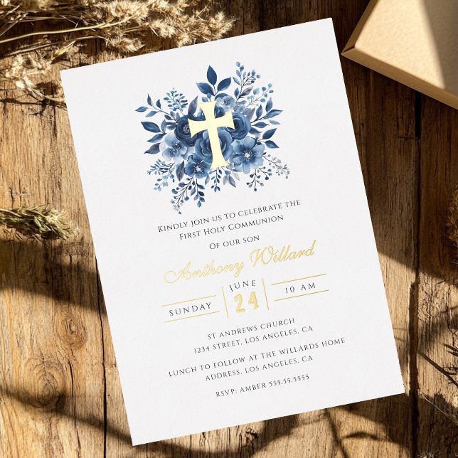 Modern Floral Gold Cross Boys First Communion  (Creator Uploaded)