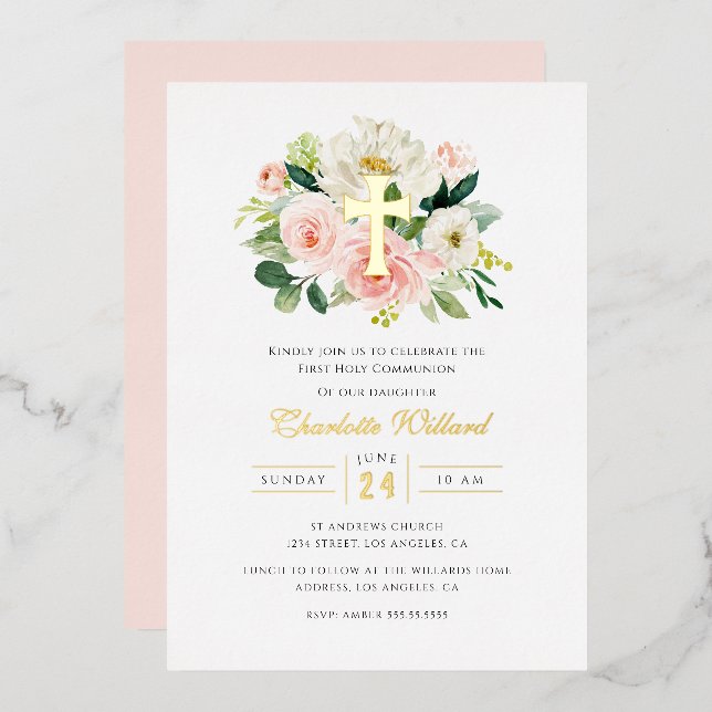 Modern Floral Gold Cross Girls First Communion  (Front/Back)