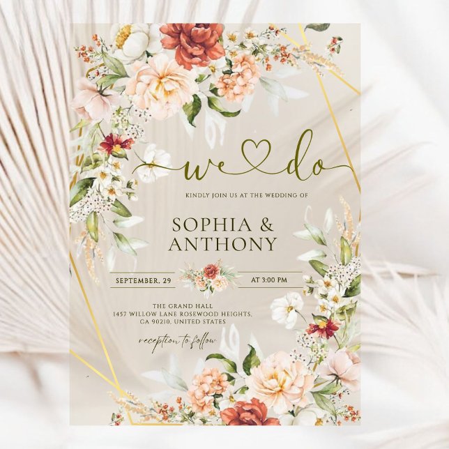 Modern Floral Gold Geometric Watercolor Foliage Acrylic Invitations (Creator Uploaded)