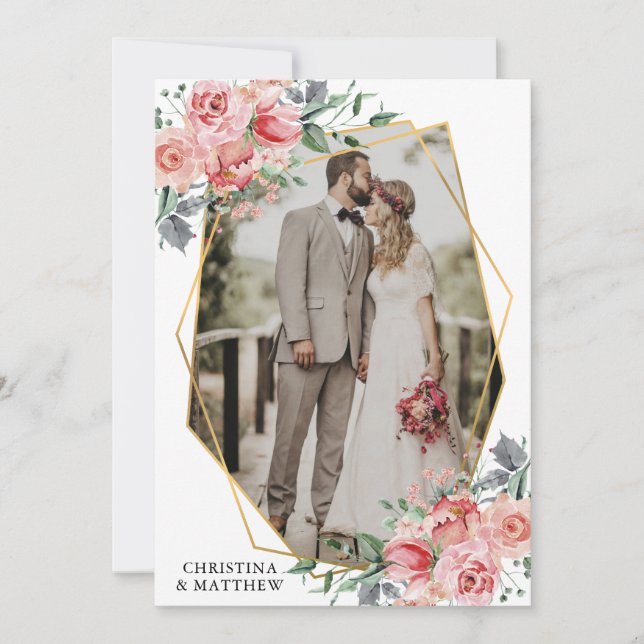 Modern Floral Gold Geometric Wedding PHOTO Thank You Card (Front)