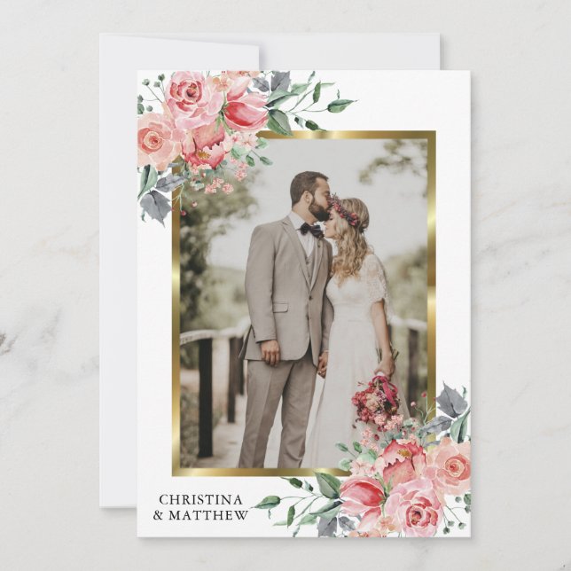 Modern Floral Gold Geometric Wedding PHOTO Thank You Card (Front)