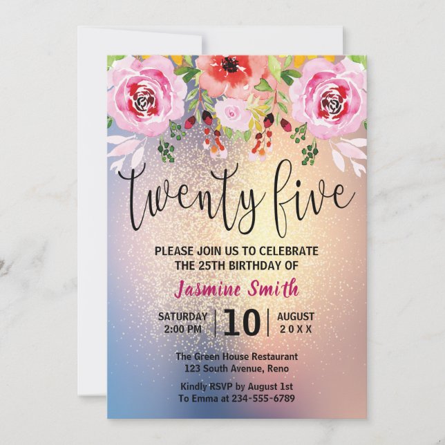 Modern Floral Gold Glitter 25th Birthday Invitation (Front)