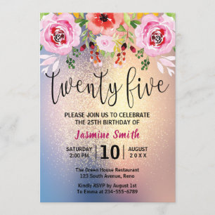 Modern Floral Gold Glitter 25th Birthday Invitation