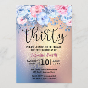 Modern Floral Gold Glitter 30th Birthday Invitation