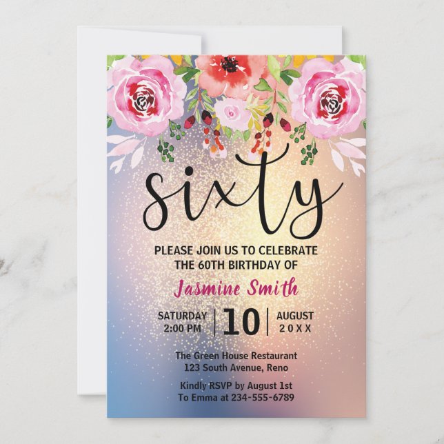 Modern Floral Gold Glitter 60th Birthday Invitation (Front)