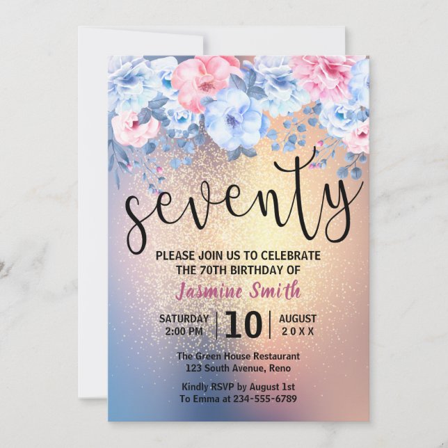 Modern Floral Gold Glitter 70th Birthday Invitation (Front)