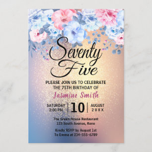 Modern Floral Gold Glitter 75th Birthday Invitation